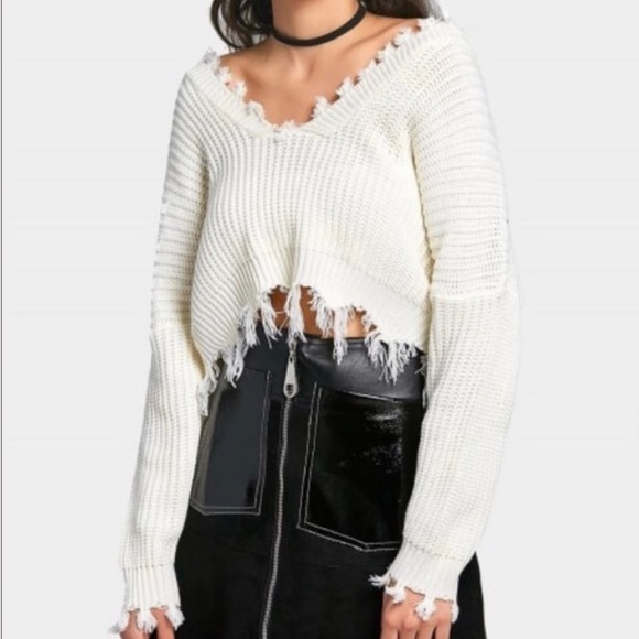 frayed trim drop shoulder sweater